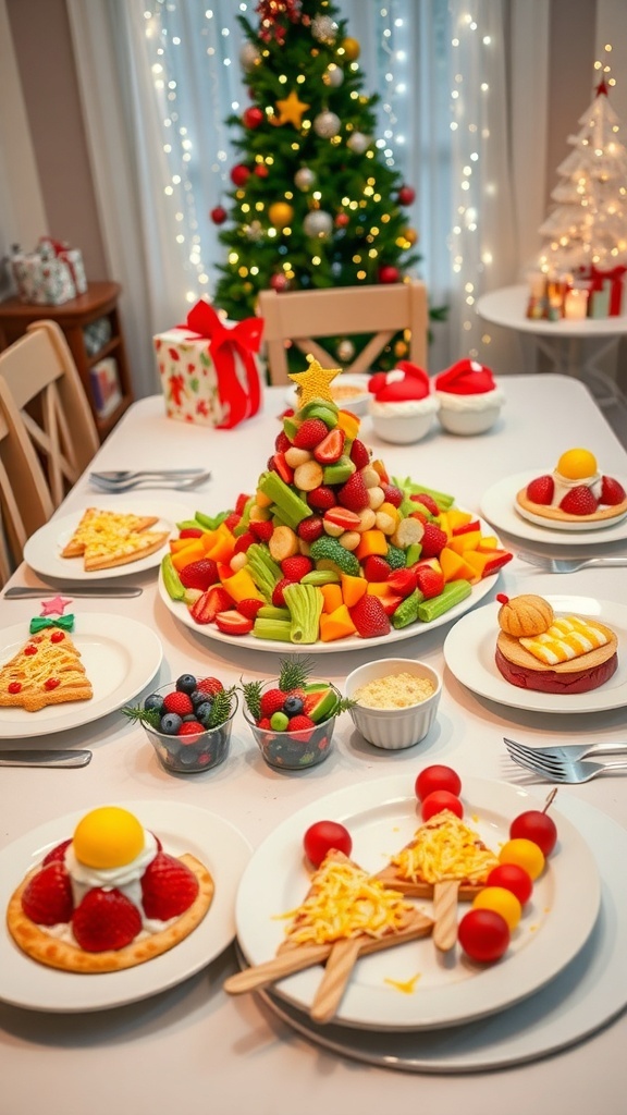 A kid-friendly Christmas dinner table with veggie platter, strawberry shortcakes, pizza, and fruit kabobs.